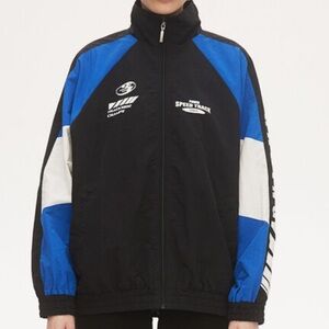 Divided Black and Blue Zip Speed Racing Jacket with White Accents